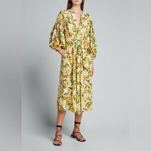 BORGO DE NOR Lemon Print Eyelet Cotton Midi Dress Belted Size 6